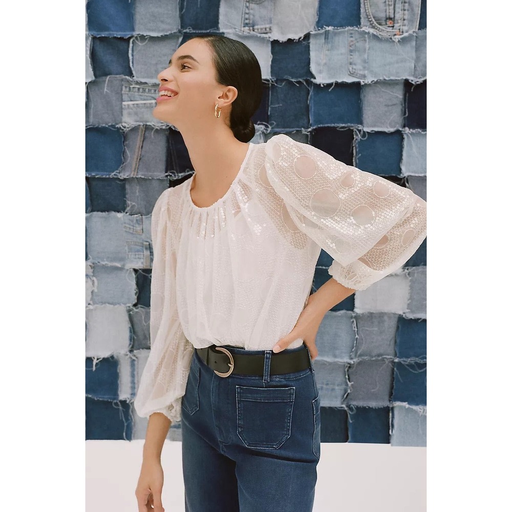 Eva Franco White Sequin Mesh Puff Sleeve Blouse SE10054AN Size S
